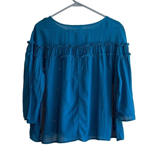 Gap Tiered Ruffle Blouse Size M Teal 3/4 Butterfly Sleeves Top - Picture 3 of 8